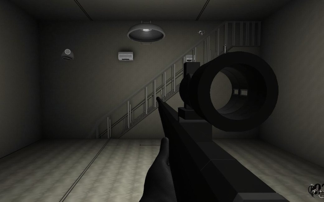 First-person view of a gun sight aimed at a corridor with industrial architecture in GoldenEye 007