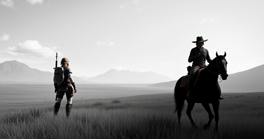 Characters from Breath of the Wild and Red Dead Redemption 2 in their respective open-world environments