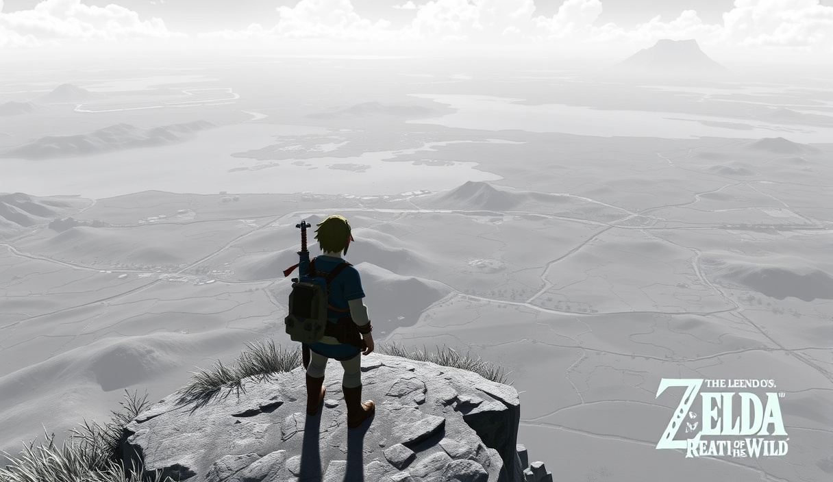 Link surveys a massive open-world landscape from a high vantage point in Breath of the Wild