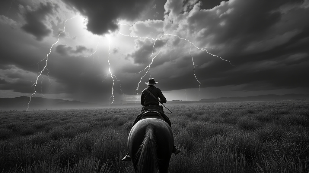 A mounted player crosses stormy open terrain in Red Dead Redemption 2's expansive wilderness