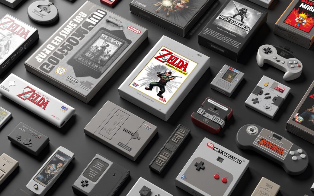 Classic video game franchises including Zelda, Mario, and Metal Gear shown as cover art and game scenes