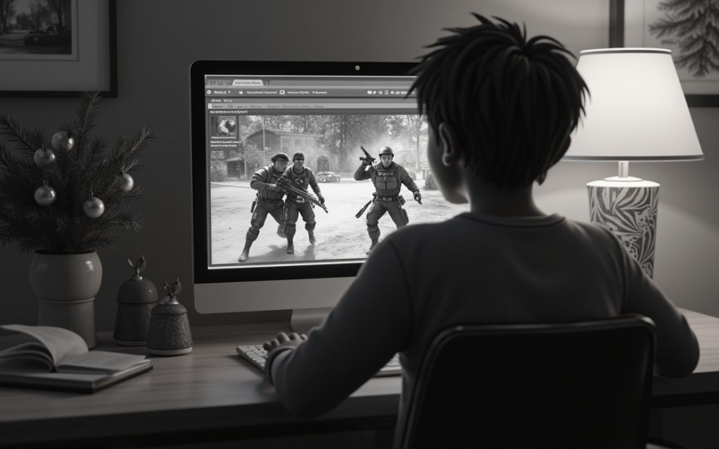 A gamer browsing Christmas game listings online with mixed results displayed.