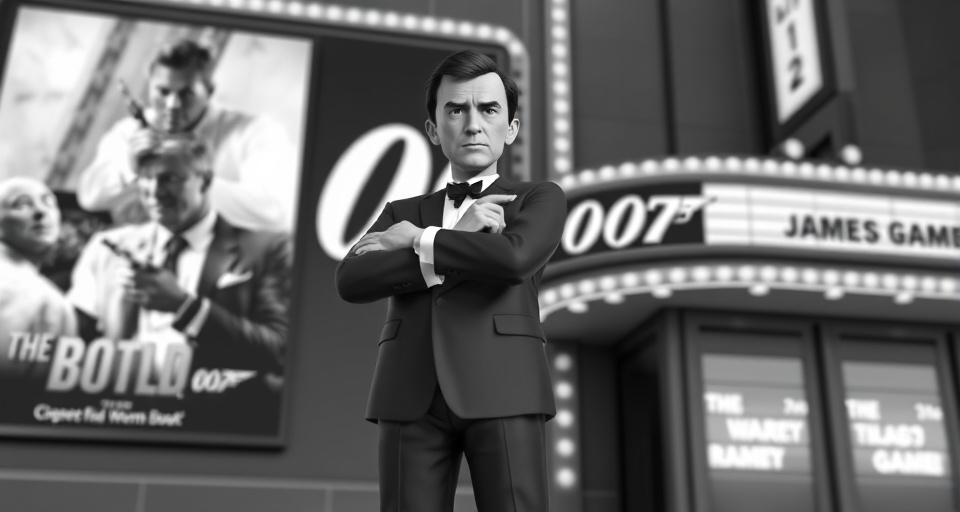 A figure in a tuxedo facing forward with film imagery in the background