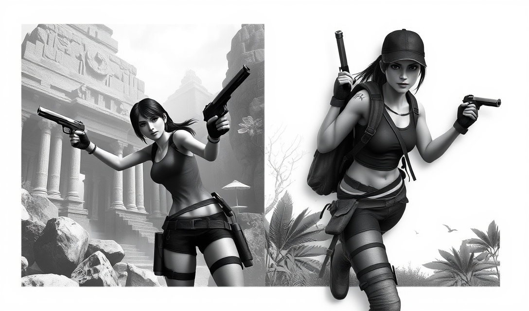 Two versions of Lara Croft side by side: one in classic outfit with pistols in a temple, one in practical gear in a harsh environment.