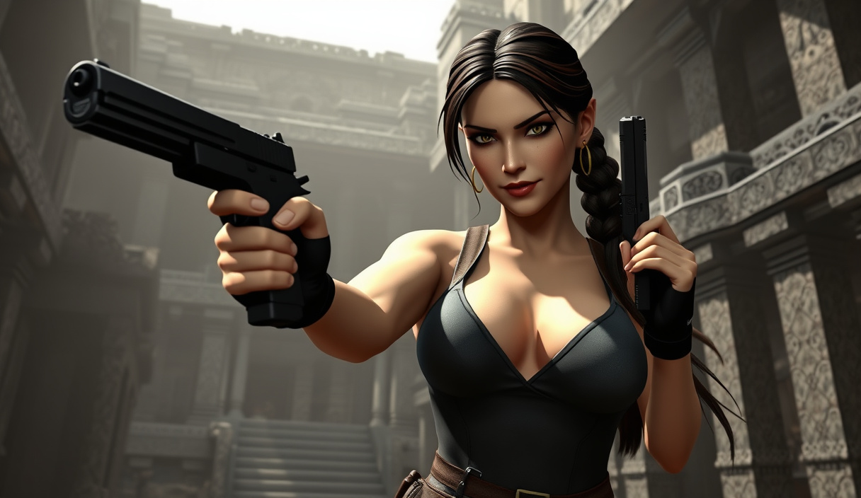 Lara Croft in classic Tomb Raider outfit with exaggerated proportions in a temple setting