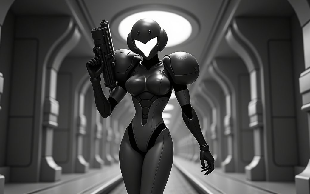 Armored bounty hunter Samus Aran in metallic power suit from Metroid