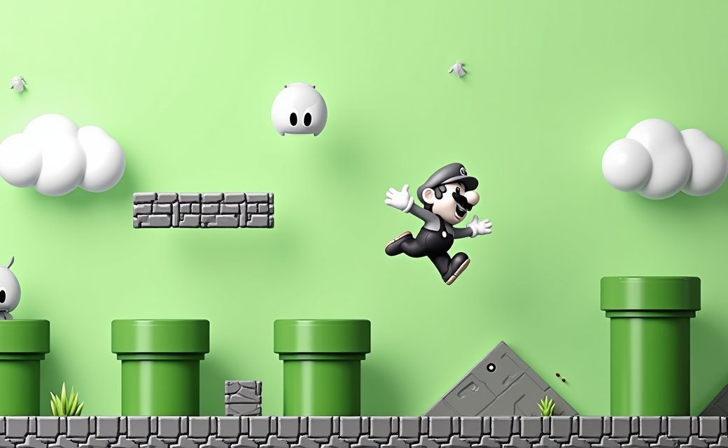 A pixel-art character leaps between floating platforms in a colorful 2D platformer level.